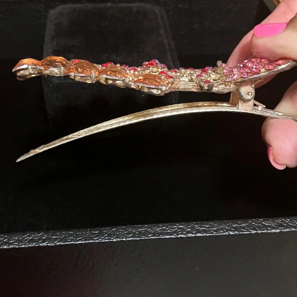 Vintage pink with red and Peach Crystal Peacock Hair Clip - Women Accessories